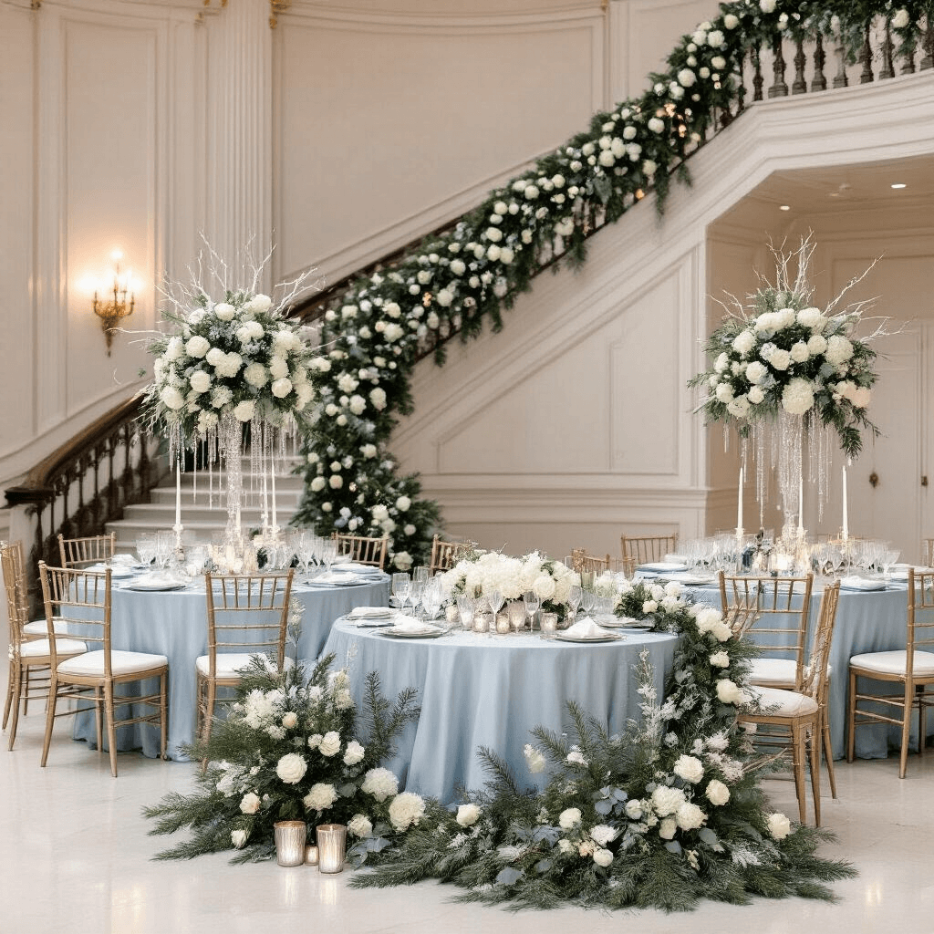 Wedding Garlands: The Ultimate Guide to Creating Stunning Floral Displays for Your Special Day An elegant winter wedding reception in a grand ballroom, featuring a sweeping staircase adorned with evergreen garlands and white roses. Round tables with icy blue silk linens showcase tall centerpieces of snow-dusted branches and white hydrangeas. The head table displays a cascading garland of pinecones, silver dollar eucalyptus, and white amaryllis, surrounded by candelabras and mercury glass votives, all under a magical frost-kissed color scheme of winter white, silver, and deep navy.