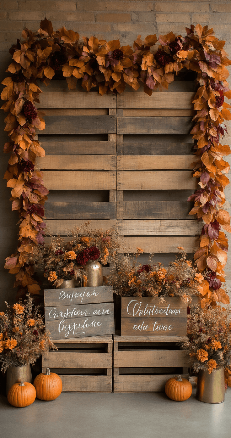 A seasonal autumn-themed backdrop featuring a 9-foot wooden pallet wall adorned with an organic garland of preserved leaves and dried flowers, asymmetrically draped. Vintage apple crates are stacked, displaying hand-painted signs and metallic props. The scene is shot straight-on with a shallow depth of field, illuminated by golden hour lighting, enhancing warm tones of burgundy, burnt orange, and antique gold.