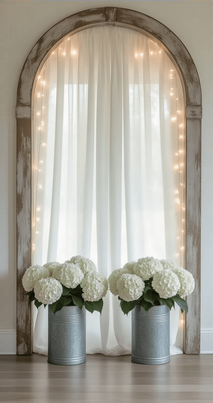 Minimalist farmhouse interior featuring floor-to-ceiling sheer white curtains and a distressed wooden arch, with classic white hydrangeas in galvanized metal containers on either side, soft morning light blending with warm artificial glow, and subtle fairy lights creating a bokeh effect in the background.