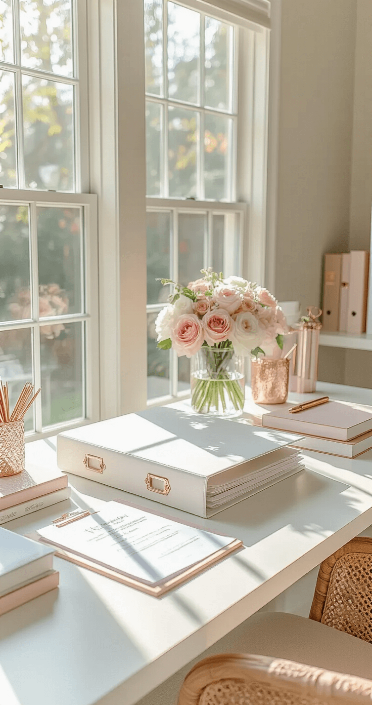 A bright and airy wedding planning home office featuring a white desk with a premium binder, color-coded tabs, fresh flowers, and rose gold accessories, bathed in morning light from a large window.