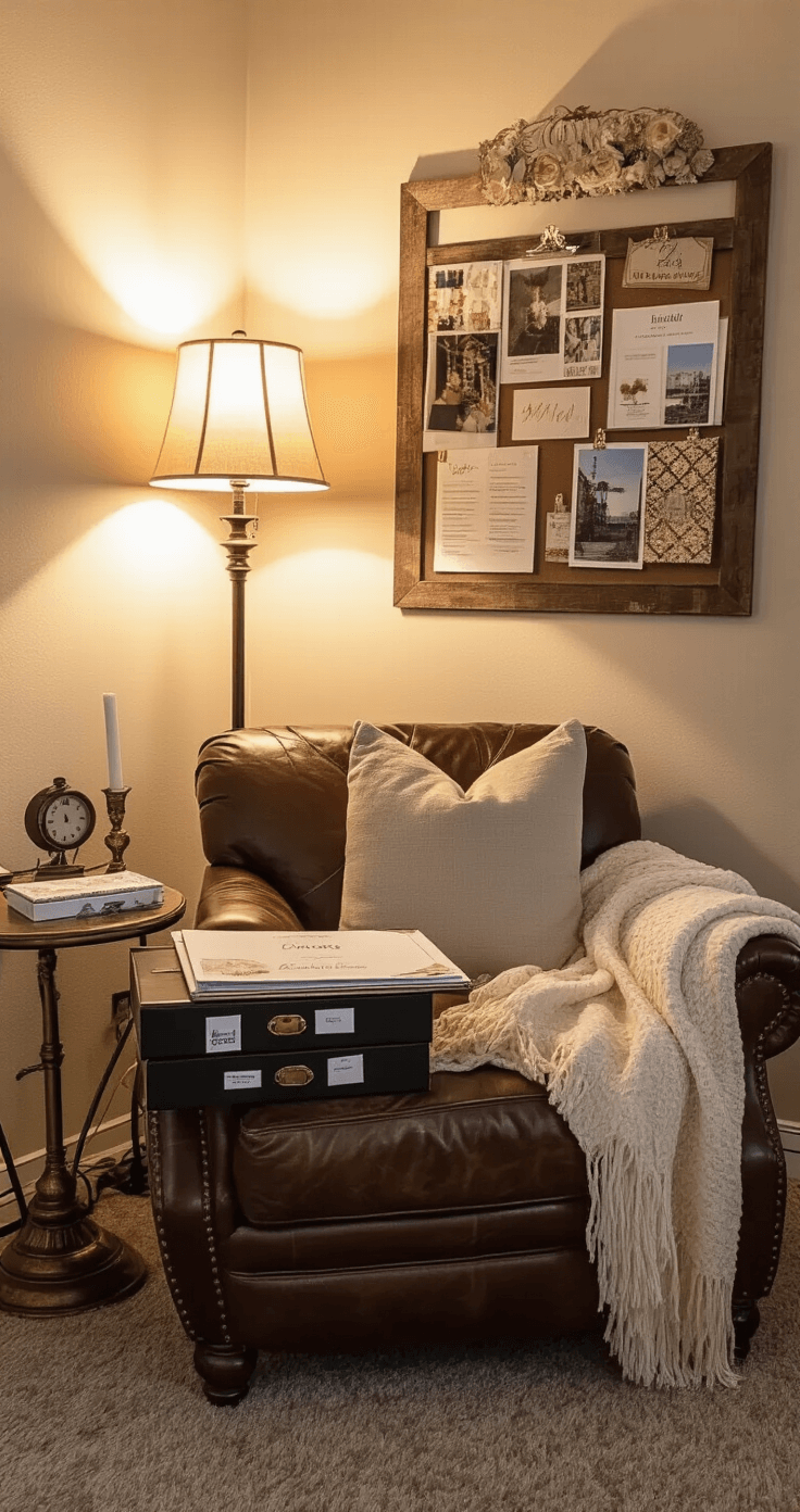Cozy reading corner with a leather armchair and throw blanket, side table holding a wedding binder, fabric swatches, and magazine clippings, all illuminated by warm lamp light, surrounded by vintage brass accents in rich jewel tones.