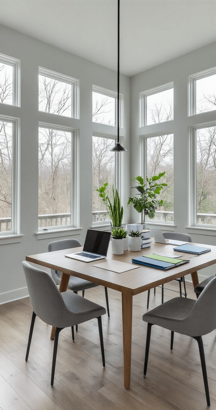 A modern minimalist dining room converted into a planning headquarters, featuring a mid-century modern dining table with organized planning stations, including a laptop and color-coded folders, set in a bright, airy space with floor-to-ceiling windows and a monochromatic grey and white palette.