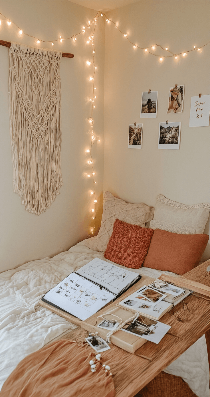 A cozy bohemian-style bedroom wedding planning command center featuring string lights, a macramé wall hanging, a low-profile floor desk with cushions, an opened binder showing timeline pages, scattered polaroids and inspiration pieces, and a color scheme of earth tones with terracotta and sage accents, all illuminated by soft, dreamy lighting and fairy light bokeh.