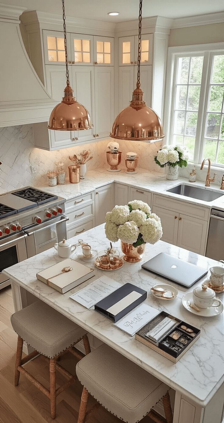 Aerial view of a luxurious kitchen island planning station featuring a marble countertop adorned with organized wedding documents, a binder, a laptop, and an elegant tea setup, all in a copper and white color scheme, with fresh hydrangeas and dramatic lighting highlighting the textures and metallic accents.