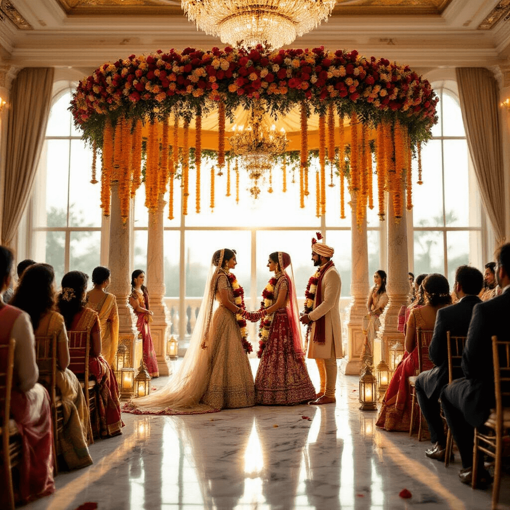 A grand Indian wedding ceremony in a marble-floored ballroom, with the bride and groom exchanging vibrant varmala garlands amidst an ornate floral mandap, surrounded by guests in colorful attire and illuminated by golden hour light and crystal chandeliers.