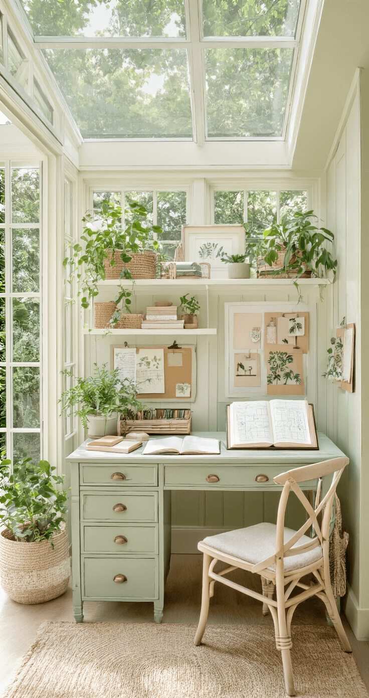 A sunroom sanctuary measuring 12'x18' with glass walls, filled with natural light, featuring a vintage writing desk with an open binder, mood boards, and planning resources on floating shelves. Surrounded by botanical prints and thriving plants, the space has a soft sage and cream color scheme, emphasizing the indoor-outdoor connection with bright lighting and a subtle lens flare.