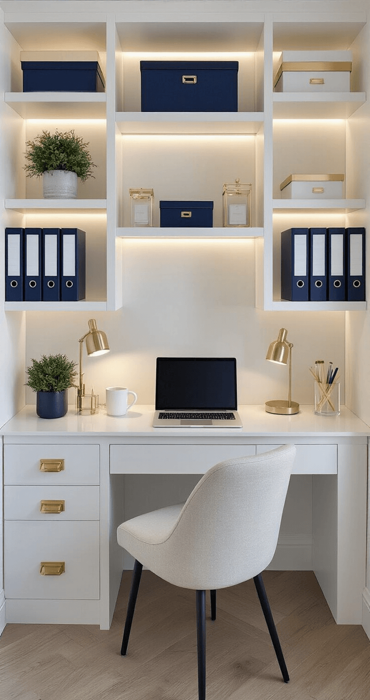 A modern 16'x20' living room with built-in shelving, featuring a floating desk organized with a wedding binder and digital tablet. The space displays clean lines in a navy and gold color scheme with white accents, showcasing acrylic stationery holders. The image is captured from a Dutch angle with dramatic side lighting casting interesting shadows.