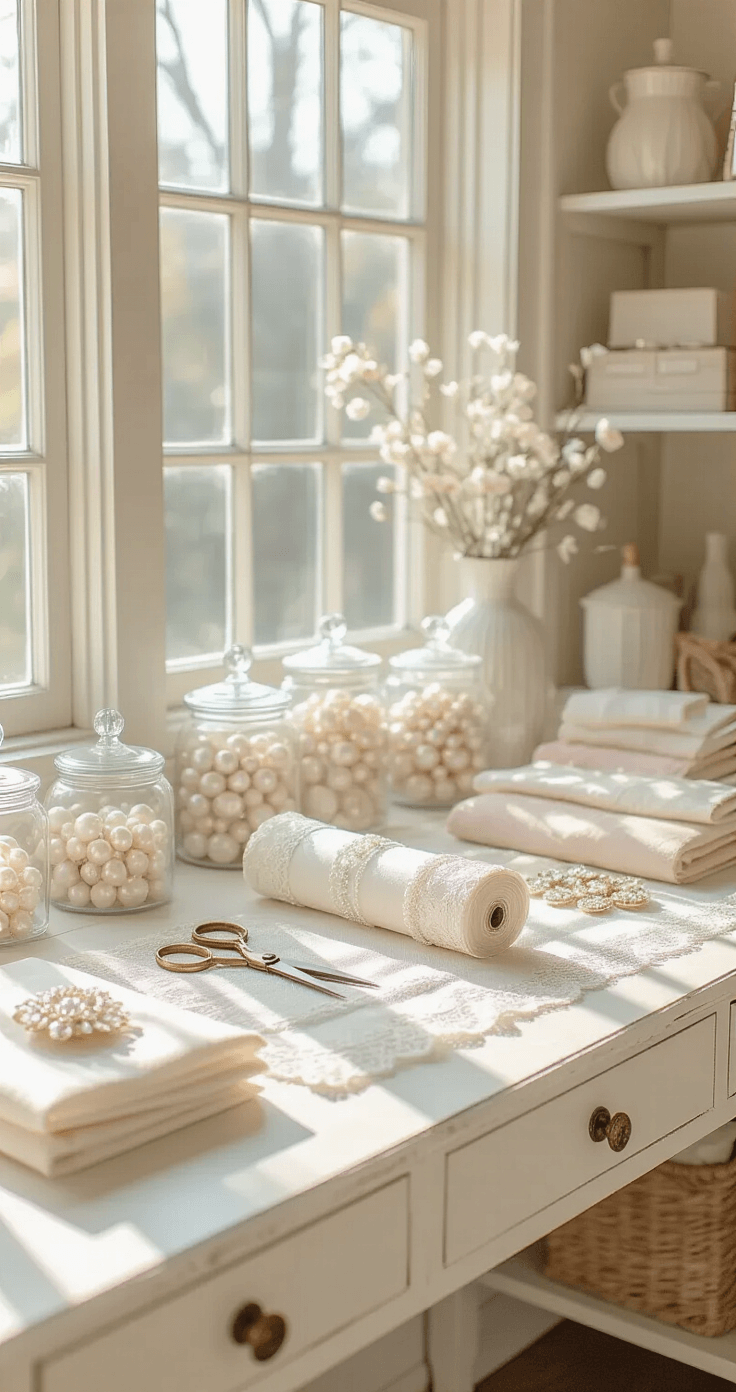A sunlit craft room featuring a vintage white wooden desk by a bay window, showcasing neatly arranged wedding garter materials with ivory lace, pearl-studded ribbons, and delicate elastic bands. Antique brass scissors sit on cream linen fabric, while crystal jars display pearlescent buttons and vintage brooches. The scene is captured from a 45-degree angle, emphasizing depth and texture in soft natural light, with a color palette of cream, ivory, blush pink, and subtle gold accents.