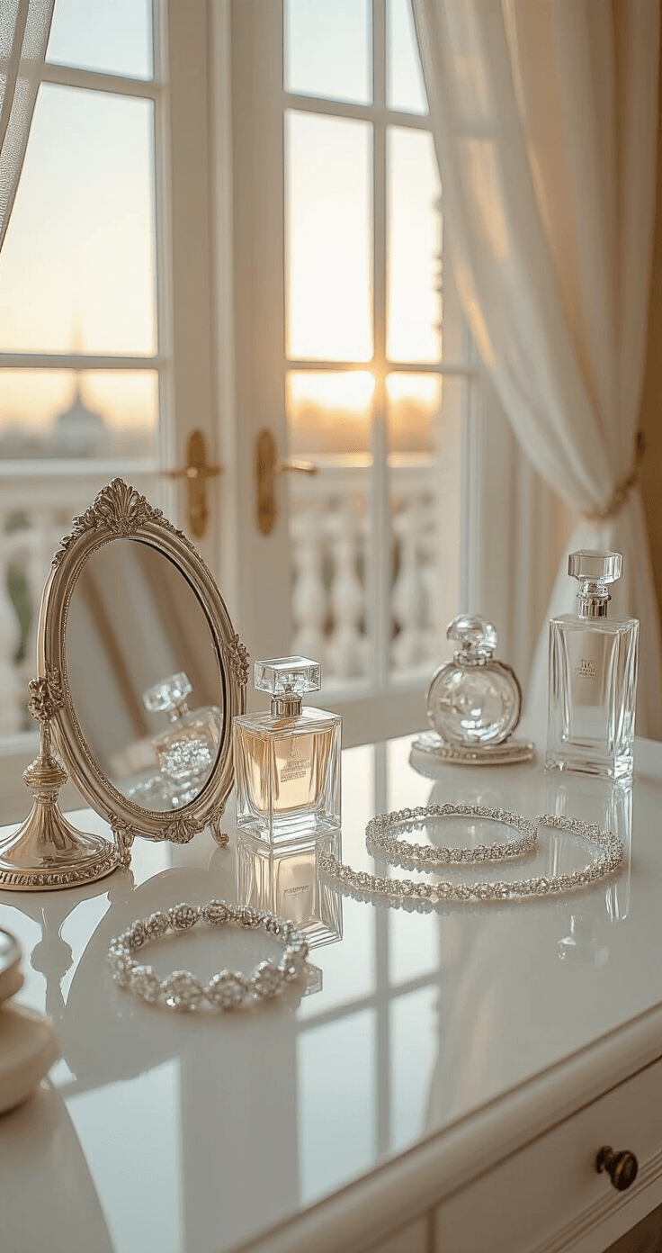 Elegant bridal preparation suite featuring a master bedroom with French doors and golden hour light, showcasing a classic vanity adorned with wedding garters, crystal perfume bottles, and silver-framed mirrors in a soft color palette of white, champagne, dusty blue, and silver.