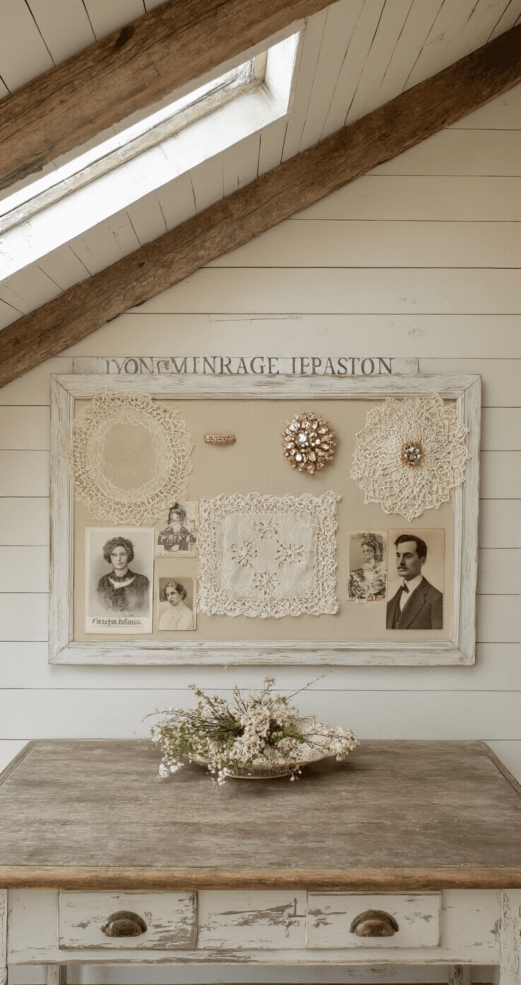 A rustic farmhouse kitchen layout featuring exposed wooden beams and a weathered wooden table. Natural light from skylights highlights an inspiration board with antique lace, family heirloom brooches, and wedding photographs, using a color palette of aged ivory, vintage cream, antique gold, and faded blue.