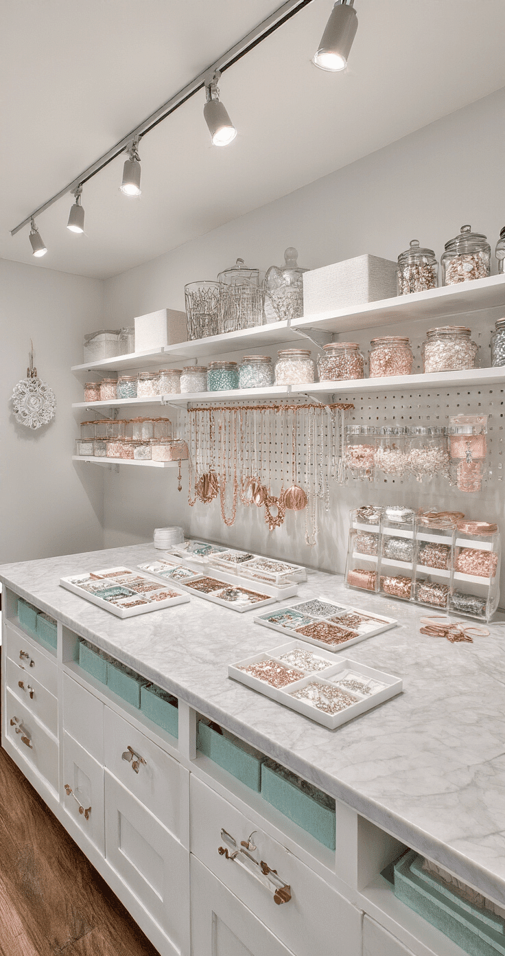 Contemporary craft studio featuring industrial-style floating shelves, a marble-topped island workspace, and organized trays filled with Swarovski crystals, pearl strands, and charms, illuminated by track lighting; color palette includes white, crystal clear, rose gold, and pale mint.