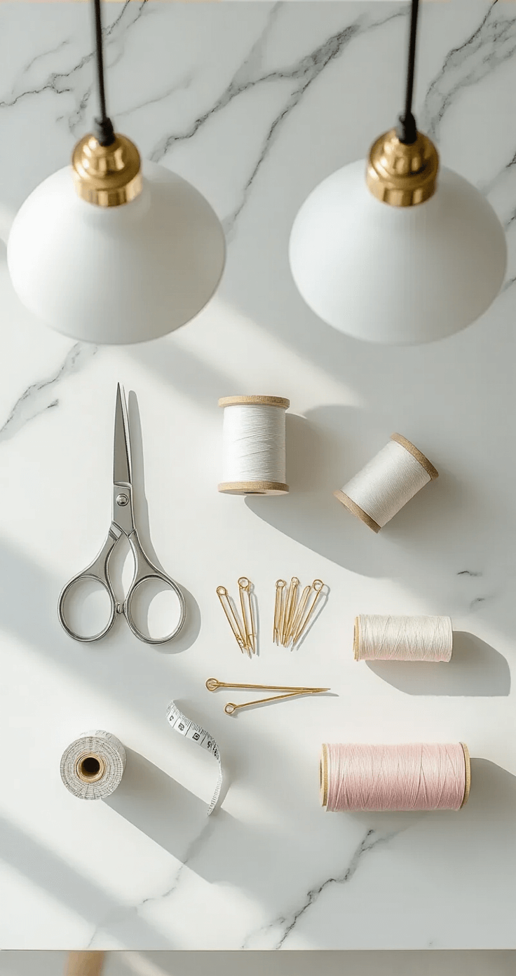 Overhead view of a minimalist home office featuring a white desk, pendant lighting, and a carefully arranged flatlay of silver scissors, gold-topped pins, a gracefully curved measuring tape, and various elastic samples on a marble backdrop, illuminated with professional lighting and softened shadows.