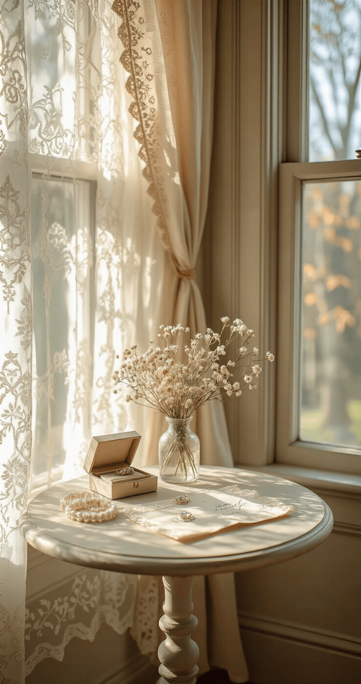 Intimate Victorian-style nook featuring a small round table adorned with finished garters, a vintage ring box, dried flowers, and handwritten notes. Sunlight filters through lace curtains, casting delicate shadows across the room's warm color palette of antique white, dusty rose, sage green, and gold.