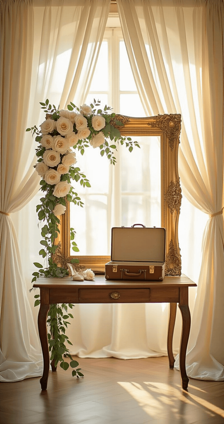 Wide-angle view of an elegant DIY wedding photo booth with sheer white curtains, a vintage gold frame adorned with ivory roses, a rose gold ring light, and a rustic wooden table displaying props, set in a sun-drenched reception hall with a soft beige and blush color palette.
