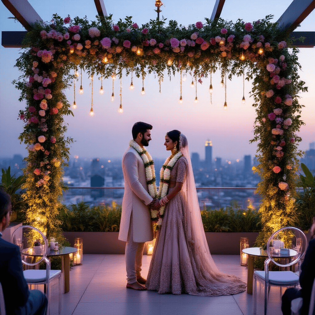 Intimate rooftop terrace garden oasis for a modern Indian fusion wedding, adorned with soft twilight hues, fairy lights, and an asymmetrical floral arch. The couple exchanges minimalist white orchid garlands amidst sleek ghost chairs and low cocktail tables, with a stunning city skyline backdrop.
