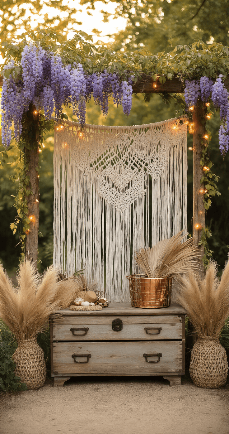 A low-angle view of a boho garden photo station surrounded by blooming wisteria, featuring a macramé backdrop hung from a wooden arch, with pampas grass and dried palm fronds. The scene is illuminated by warm golden hour lighting and string lights, with a weathered wooden chest displaying bohemian props. The camera captures the greenery overhead, creating an earthy atmosphere with hints of dusty rose and sage.
