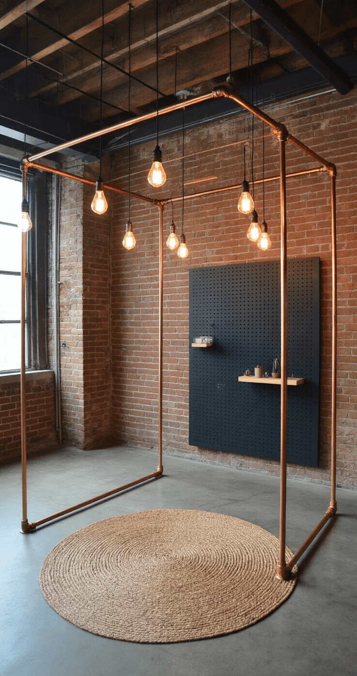 A modern industrial photo corner featuring a high-ceiling warehouse with exposed brick, geometric copper pipe framing, suspended Edison bulbs, and a matte black pegboard with minimalist props, all set on a concrete floor adorned with a circular jute rug, captured from a corner angle in soft evening lighting.