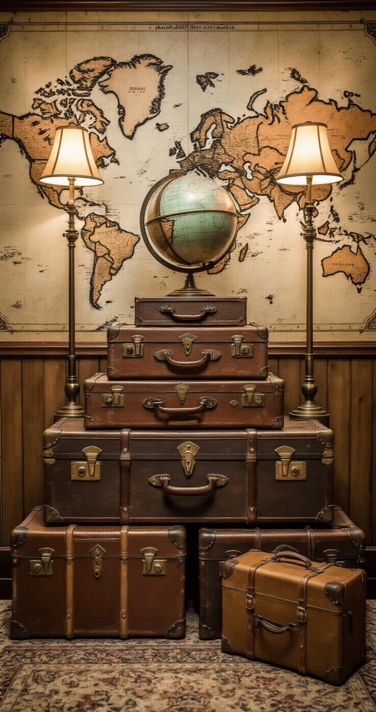 Vintage travel-themed booth with a corner setup against distressed map wallpaper, featuring stacked antique steamer trunks topped with a globe collection; complemented by brass telescopes and vintage suitcases, illuminated by sepia-toned lighting from antique floor lamps.
