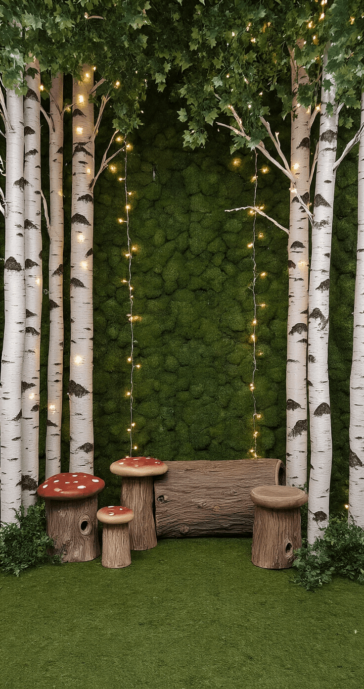 Enchanted woodland scene featuring tall artificial birch trees, a moss-covered backdrop, and twinkling fairy lights, with a hollow log prop station and mushroom stools, all illuminated by hidden LED spots for a magical canopy effect in deep forest greens with silver and gold accents.
