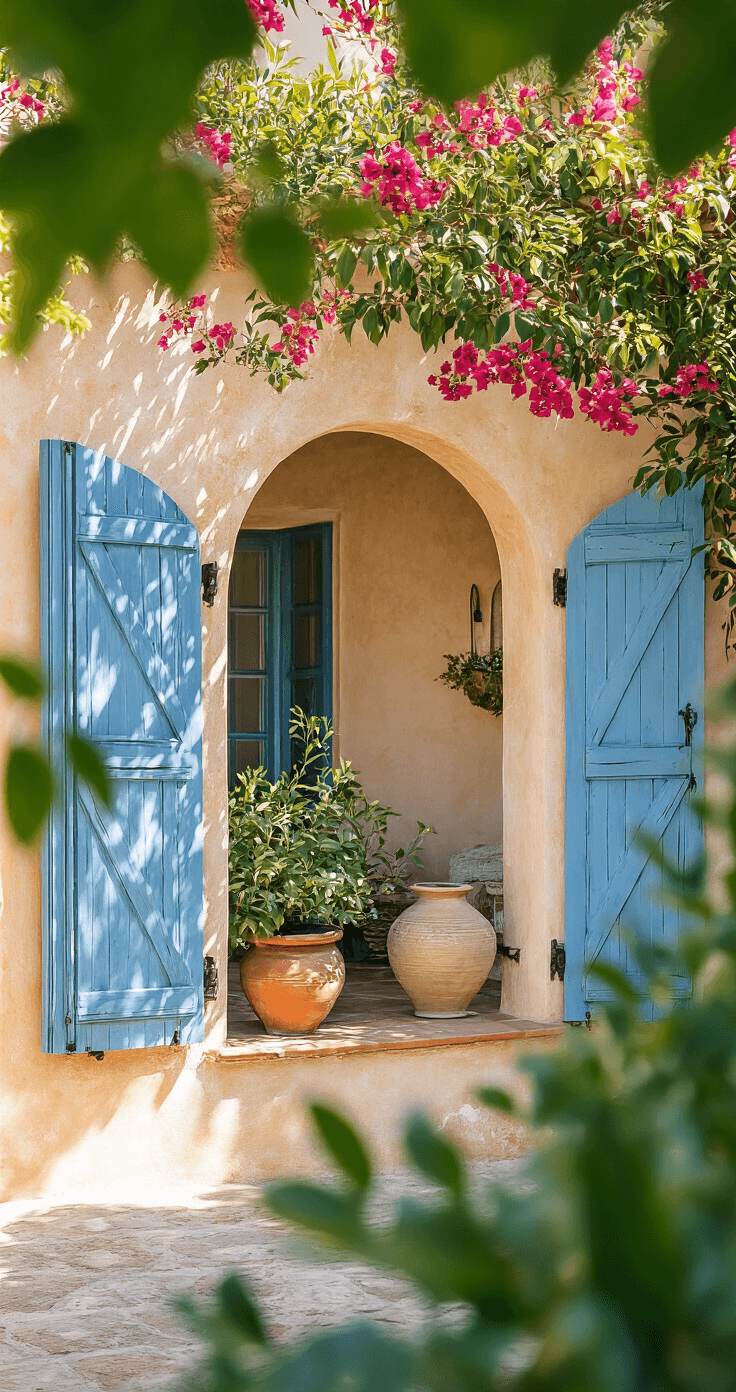 A sunlit Mediterranean villa corner featuring a terracotta arch adorned with vibrant bougainvillea, flanked by weathered blue shutters, and a vintage ceramic pot with olive branches, all captured through lush foliage with a soft focus effect.