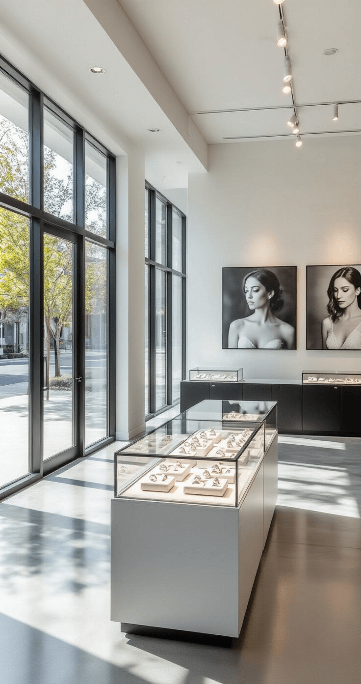 A modern jewelry studio interior featuring a sun-drenched minimalist showroom with floor-to-ceiling windows, polished concrete floors, a central floating display case showcasing diverse wedding band pairs, oversized black and white wedding photography on white walls, custom LED ring displays, and matte black jewelry cabinets. An intimate consultation area with velvet seating is visible in the background.