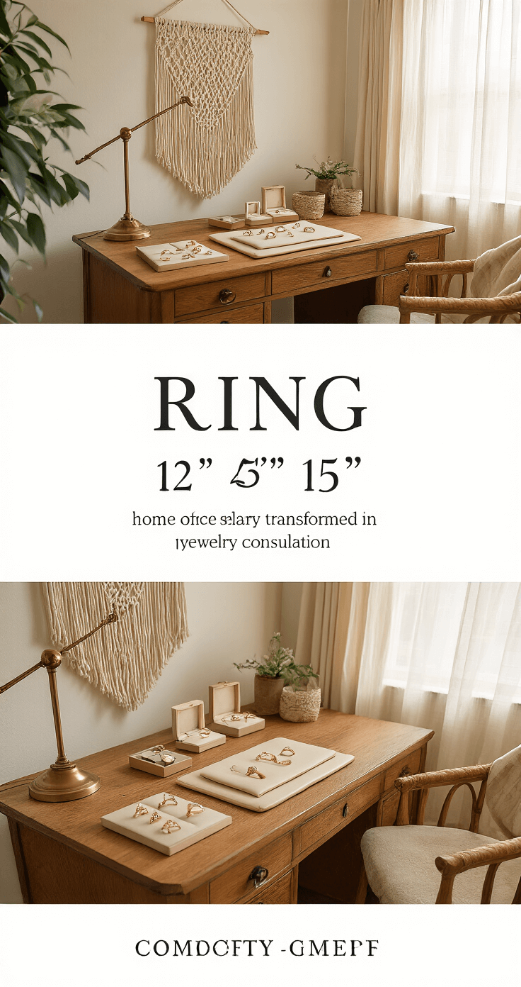 A cozy home office transformed into a jewelry consultation space, featuring a vintage wooden desk with ring samples on a cream leather pad, warm golden hour light filtering through sheer curtains, a macrame wall hanging, and an antique brass table lamp, all captured from a 45-degree angle.