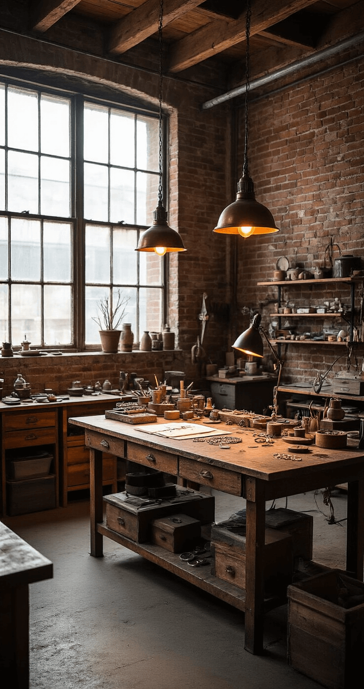 An elevated view of an artisan jewelry workshop featuring exposed brick walls and a wooden beam ceiling, illuminated by mid-afternoon light through factory windows. The craftsman's bench is prominently centered, adorned with scattered tools and ring materials, under warm vintage pendant lights. The scene captures a harmonious blend of warm copper and brass tones with cool industrial grays, showcasing raw materials, tools, and finished pieces that reflect the creative process.