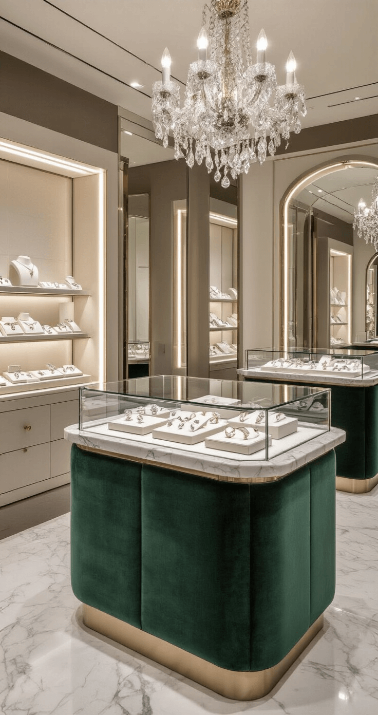 A luxurious boutique corner featuring custom glass display cases, accent lighting casting dramatic shadows, a curved marble counter with a wedding band collection, a crystal chandelier reflected in a mirrored backdrop, and rich emerald velvet cushions against white marble in a sophisticated neutral palette with metallic highlights.