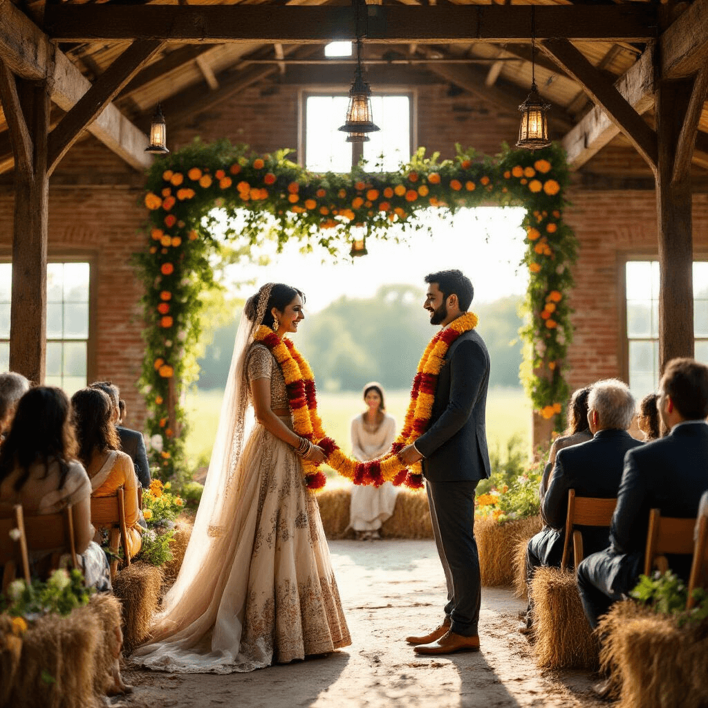 A rustic barn adorned with vintage lanterns and wildflowers serves as a warm backdrop for a joyful Indo-Western wedding ceremony, where the bride and groom exchange marigold garlands amidst golden sunlight filtering through wooden beams, with guests seated on hay bales.