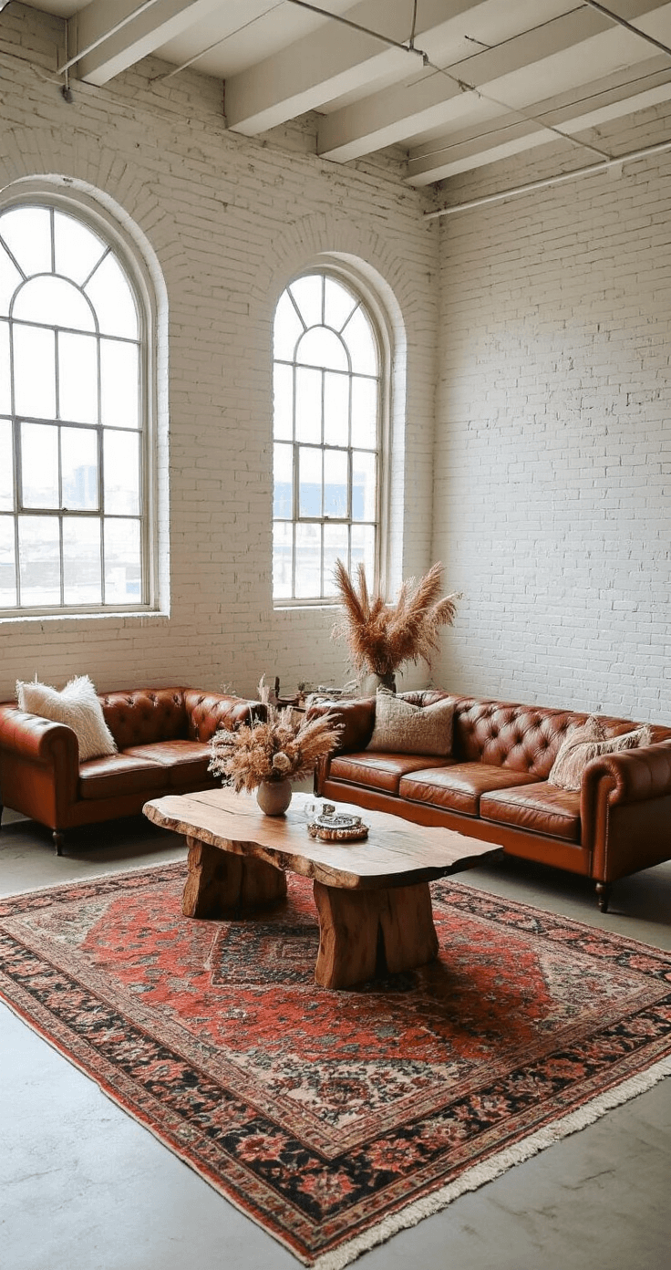 Bohemian wedding planning space featuring a loft-style room with whitewashed brick walls, arched windows, a cognac leather sofa on a vintage Persian rug, and a live-edge wooden table displaying rings; decorated with dried flowers and crystals in earth tones and jewel-toned accents.