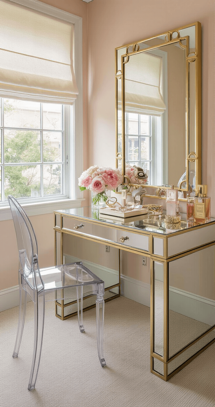A stylish modern couple's bedroom vanity area featuring an art deco influence, with soft morning light filtering through Roman shades, a mirrored vanity displaying personal jewelry including wedding bands, a ghost chair, and a gold-framed mirror. The space is styled in blush pink and champagne gold, adorned with fresh flowers and perfume bottles for an elegant finish.