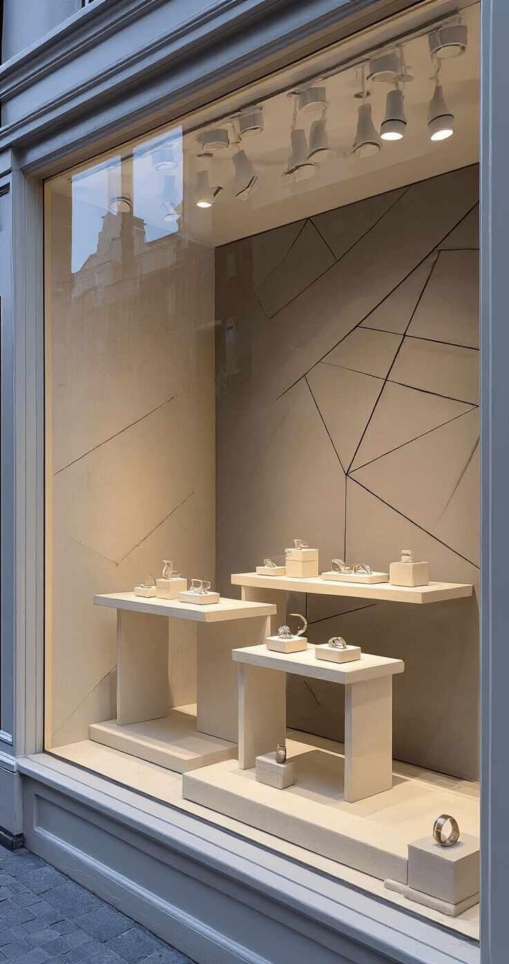 A classic jewelry store window display featuring floating shelves with various wedding band styles, set against a muted geometric backdrop. The dusk lighting creates a magical ambiance, while mixed metallics contrast with the neutral tones. Minimalist props highlight the ring designs, captured from a street view that showcases depth and dimension.