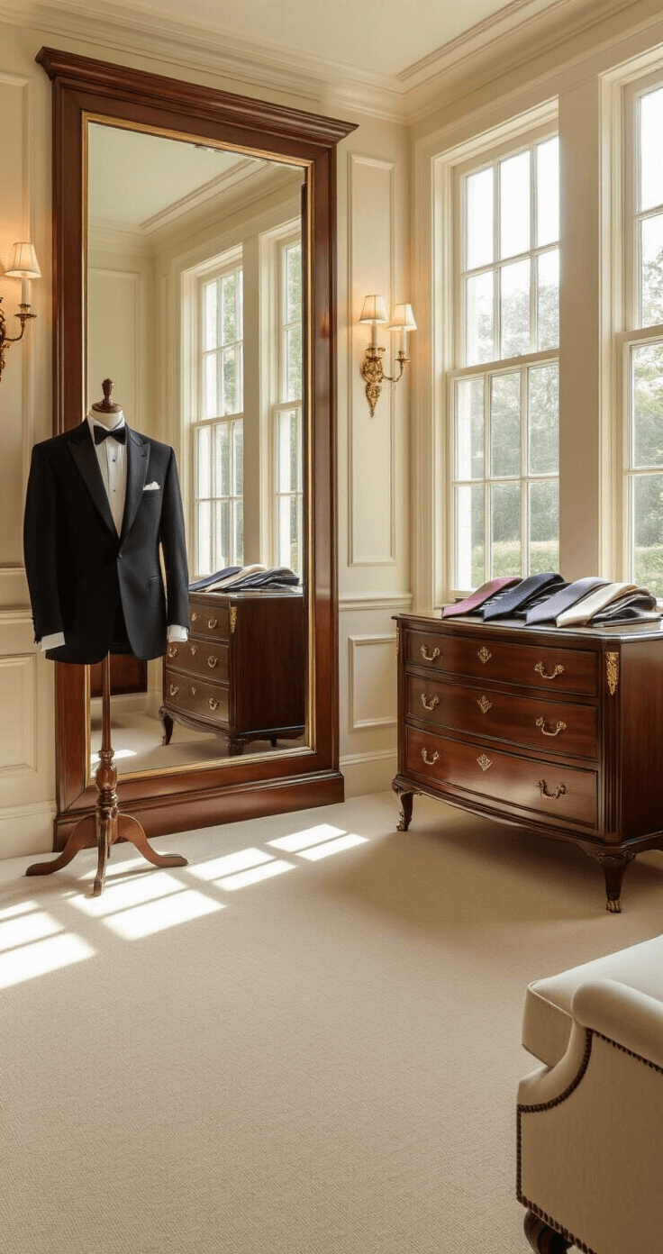 A luxurious master dressing room featuring an elegant three-panel mirror, a sophisticated tuxedo on a mahogany valet stand, and a collection of silk ties in muted wedding colors, all illuminated by natural morning light through floor-to-ceiling windows.