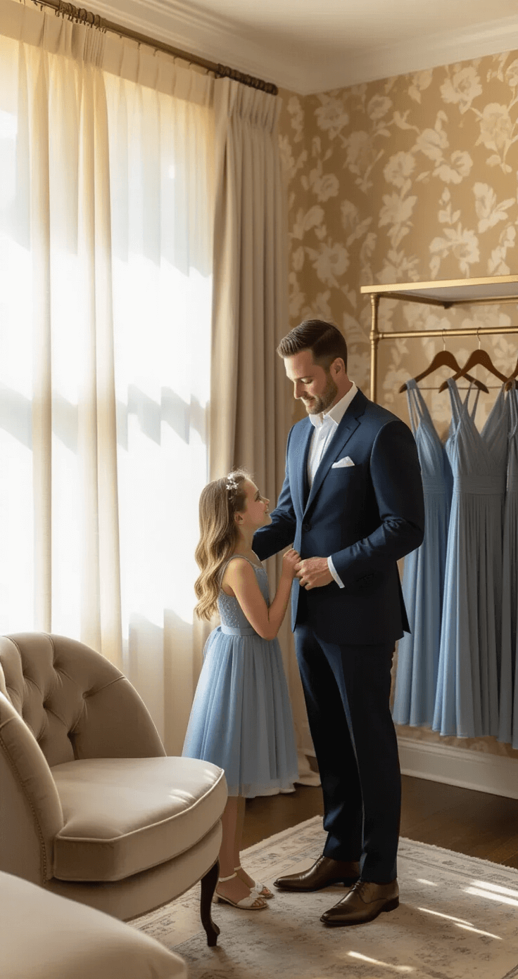 A father and daughter share a heartfelt moment in a stylish boutique fitting room as he tries on a navy suit, complemented by dusty blue bridesmaids' dresses in the background. The intimate 12x12ft space is adorned with antique brass fixtures, champagne-colored wallpaper, and soft gray velvet seating, all illuminated by dramatic afternoon light filtering through sheer curtains.