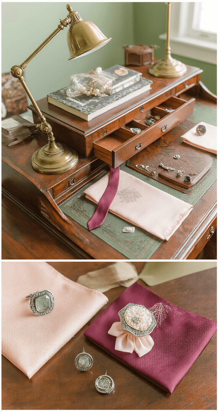 A sunlit study featuring a carved wooden desk adorned with vintage wedding accessories, including antique silver cufflinks, a pearl tie pin, and silk pocket squares in blush and burgundy, all set against rich mahogany furniture and sage green walls.