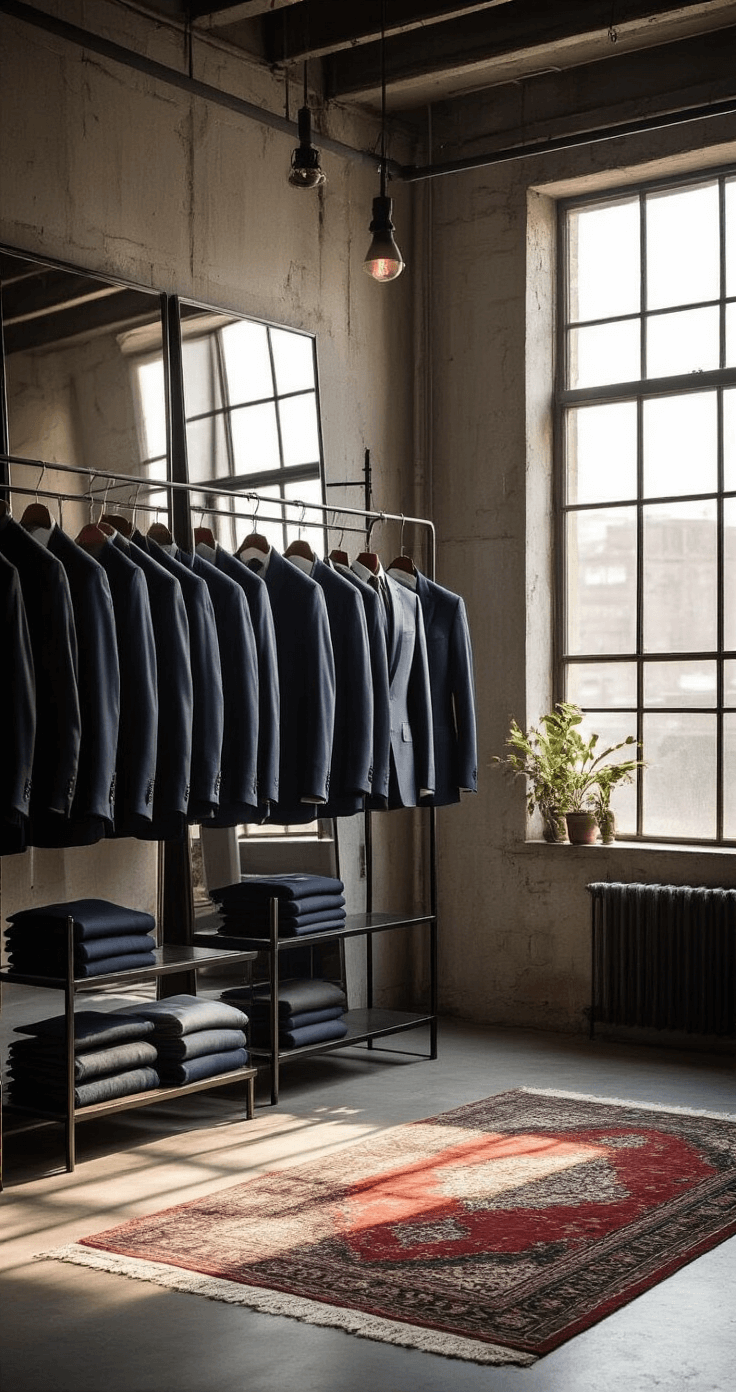 A contemporary tailoring workshop with industrial-chic elements, featuring sleek metal racks of suits in charcoal and navy, floor-to-ceiling mirrors, and vintage Persian rugs on concrete floors, illuminated by warm afternoon light.