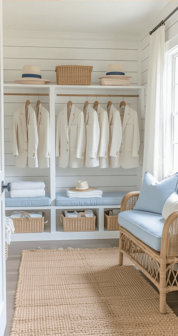 A spacious Hampton-style dressing room featuring white shiplap walls, navy accents, and light linen suits arranged for a beach wedding, complemented by pastel accessories. The room is furnished with rattan furniture and pale blue upholstery on a natural jute rug, all bathed in bright midday light filtered through white linen curtains, creating a fresh and airy coastal vibe.