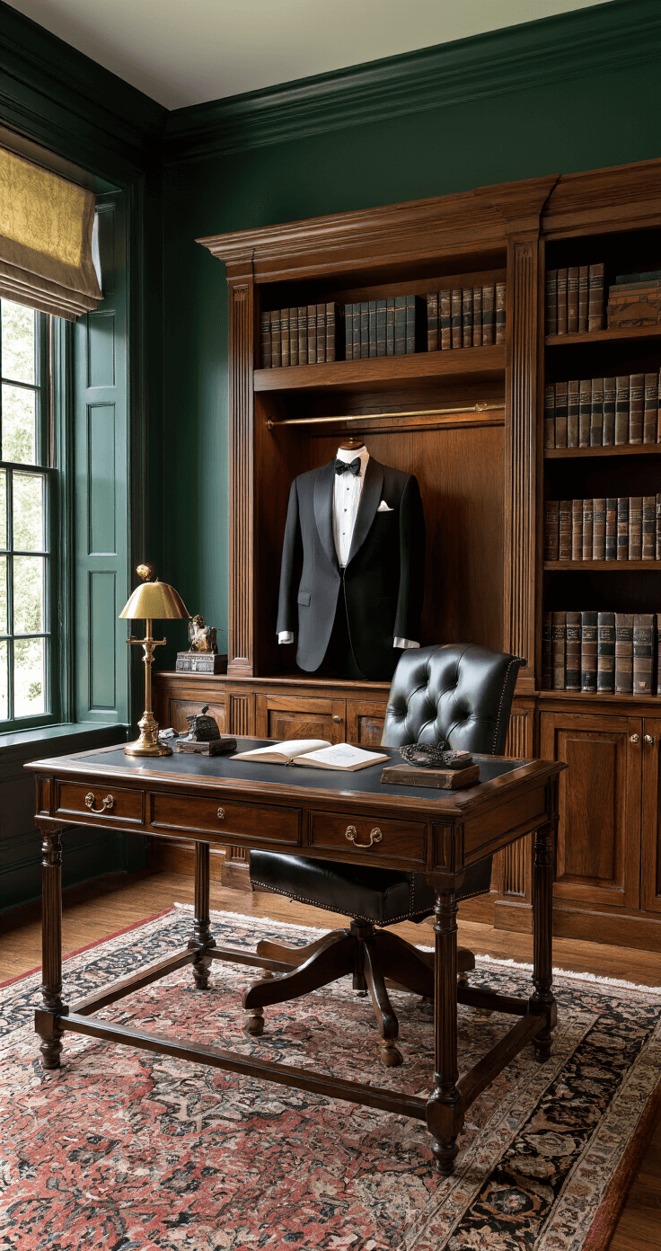 A stately wood-paneled study showcasing a black tuxedo between built-in bookcases, adorned with jewel-toned accessories on a leather-topped desk, set against deep emerald walls and oriental rugs, illuminated by brass library lamps in moody lighting that highlights rich textures.