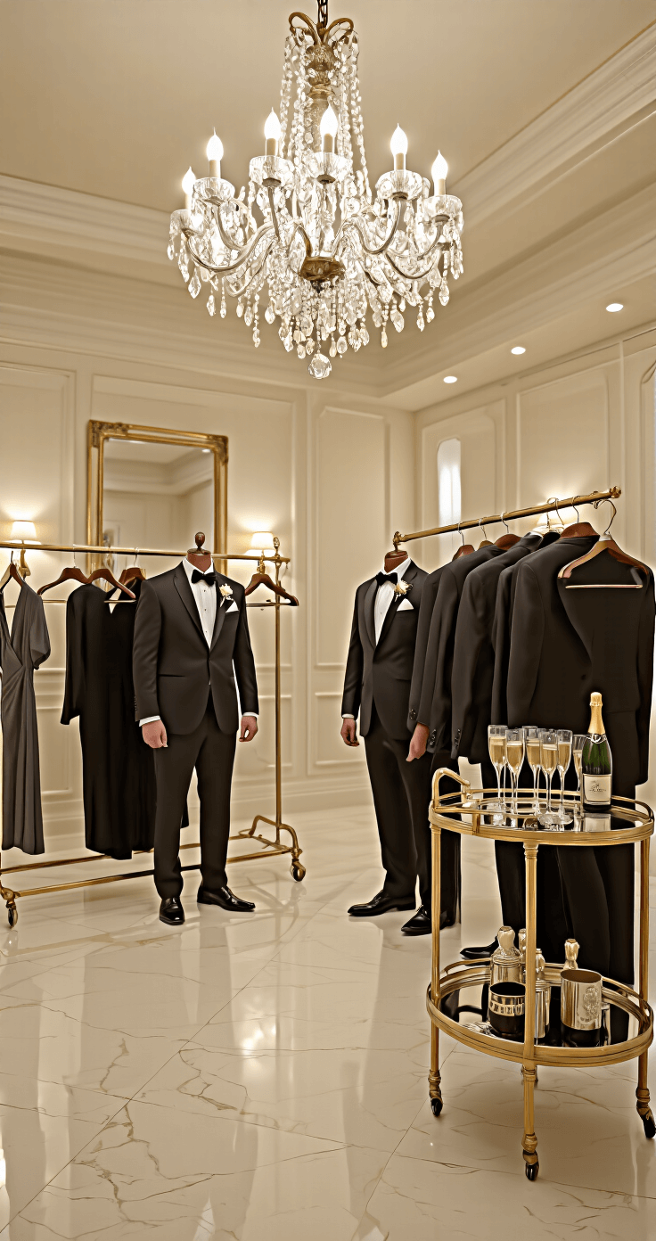 A luxurious hotel suite featuring a spacious preparation area with high ceilings, crystal chandelier, and cream marble floors, where wedding party attire is elegantly arranged on brass garment racks, complemented by a mirror-backed bar cart with champagne, all bathed in warm evening light.