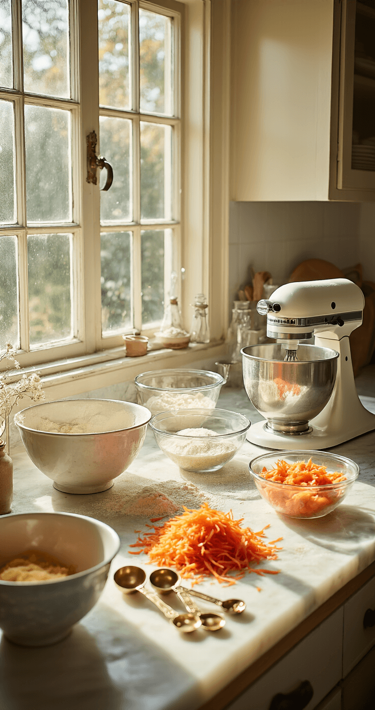 A sunlit kitchen counter featuring vintage mixing bowls, grated orange carrots, and antique measuring spoons, with a stand mixer and organized glass bowls of ingredients, all bathed in golden afternoon light.