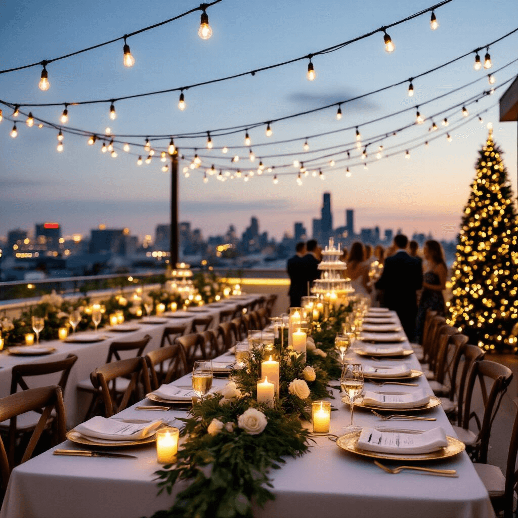 An elegant rooftop terrace at dusk, illuminated by string lights with long farm tables dressed in white linens, adorned with greenery, white roses, and pillar candles. Gold chargers and personalized place cards enhance the settings. A champagne tower and a decorated Christmas tree are in view, while guests in cocktail attire mingle against a backdrop of twinkling city lights.