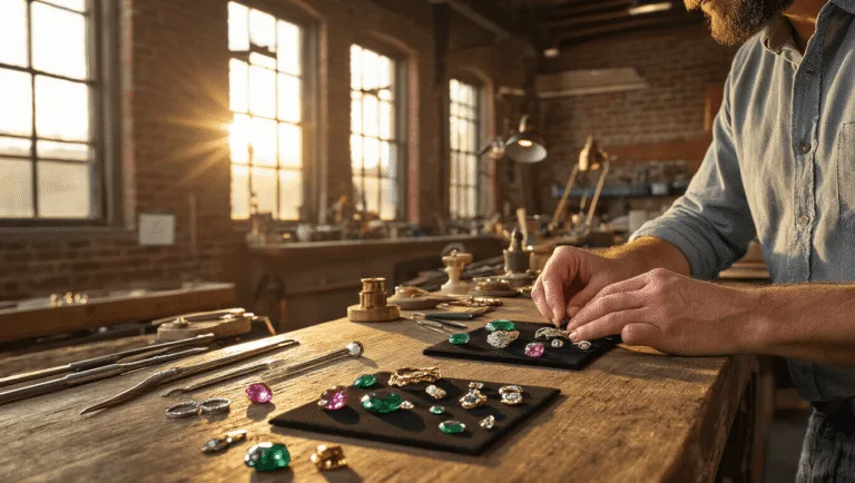 Cinematic wide-angle shot of an artisan jewelry studio with a weathered oak workbench, precision tools, colorful gemstones on velvet pads, and a master jeweler crafting a custom ring, highlighted by warm natural light and dynamic shadows.