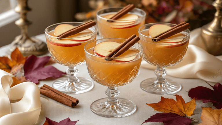 Elegant flat lay of spiced apple cocktails in crystal coupe glasses, garnished with cinnamon sticks and apple slices, surrounded by autumn leaves, vintage brass accents, and cream silk ribbon in soft natural lighting.