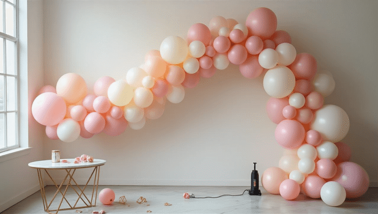 A modern event space with a stunning ombré balloon garland in blush pink, cream, and pearl white, styled with a marble table and gold accents, illuminated by golden hour light through floor-to-ceiling windows.