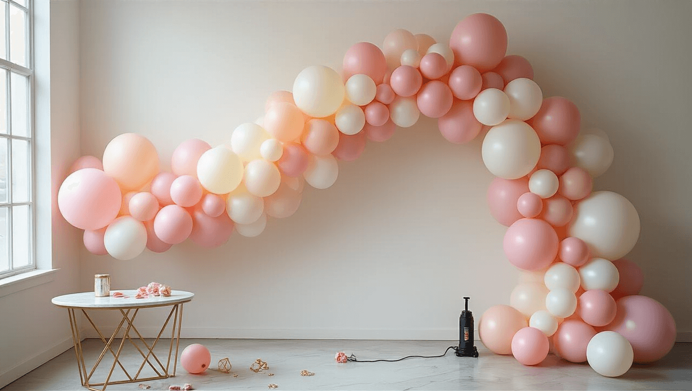 A modern event space with a stunning ombré balloon garland in blush pink, cream, and pearl white, styled with a marble table and gold accents, illuminated by golden hour light through floor-to-ceiling windows.