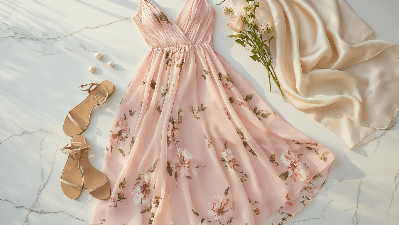 A blush pink chiffon midi dress with a floral print displayed on a white marble surface, paired with nude sandals, pearl drop earrings, and a silk wrap, illuminated by warm golden hour light.