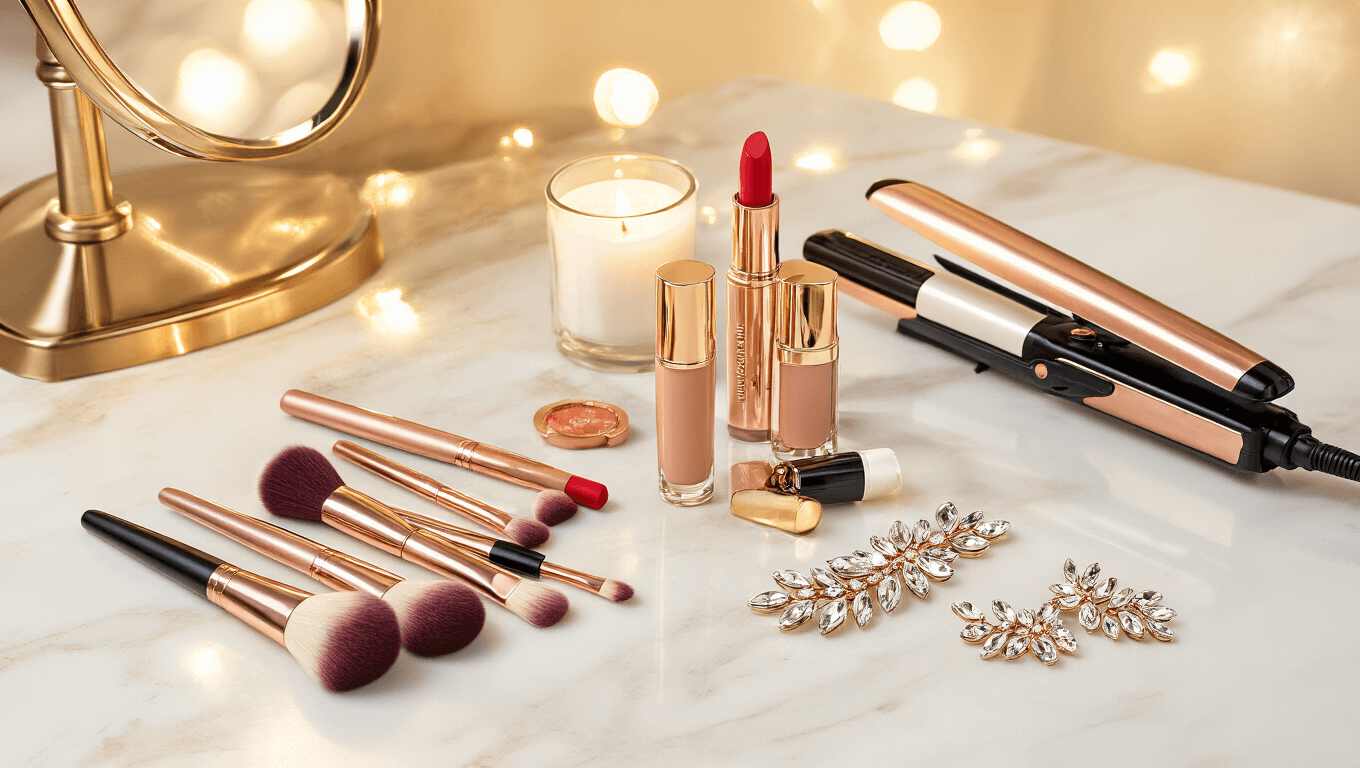 A luxurious bridal beauty setup on a white marble vanity featuring rose gold makeup brushes, long-wear foundation, waterproof mascara, classic red lipstick, a professional curling iron, and crystal hair accessories, all illuminated by soft golden lighting.
