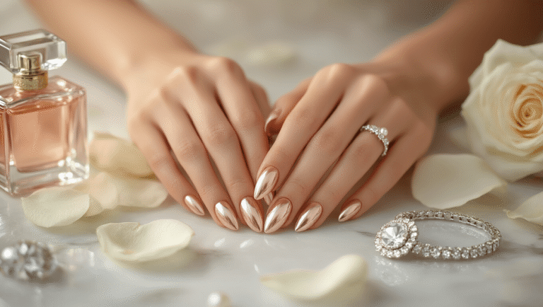 Elegant bridal manicure featuring soft blush pink chrome nails adorned with delicate pearl embellishments, surrounded by white rose petals and luxurious diamond jewelry on a clean marble surface, illuminated by warm golden lighting.