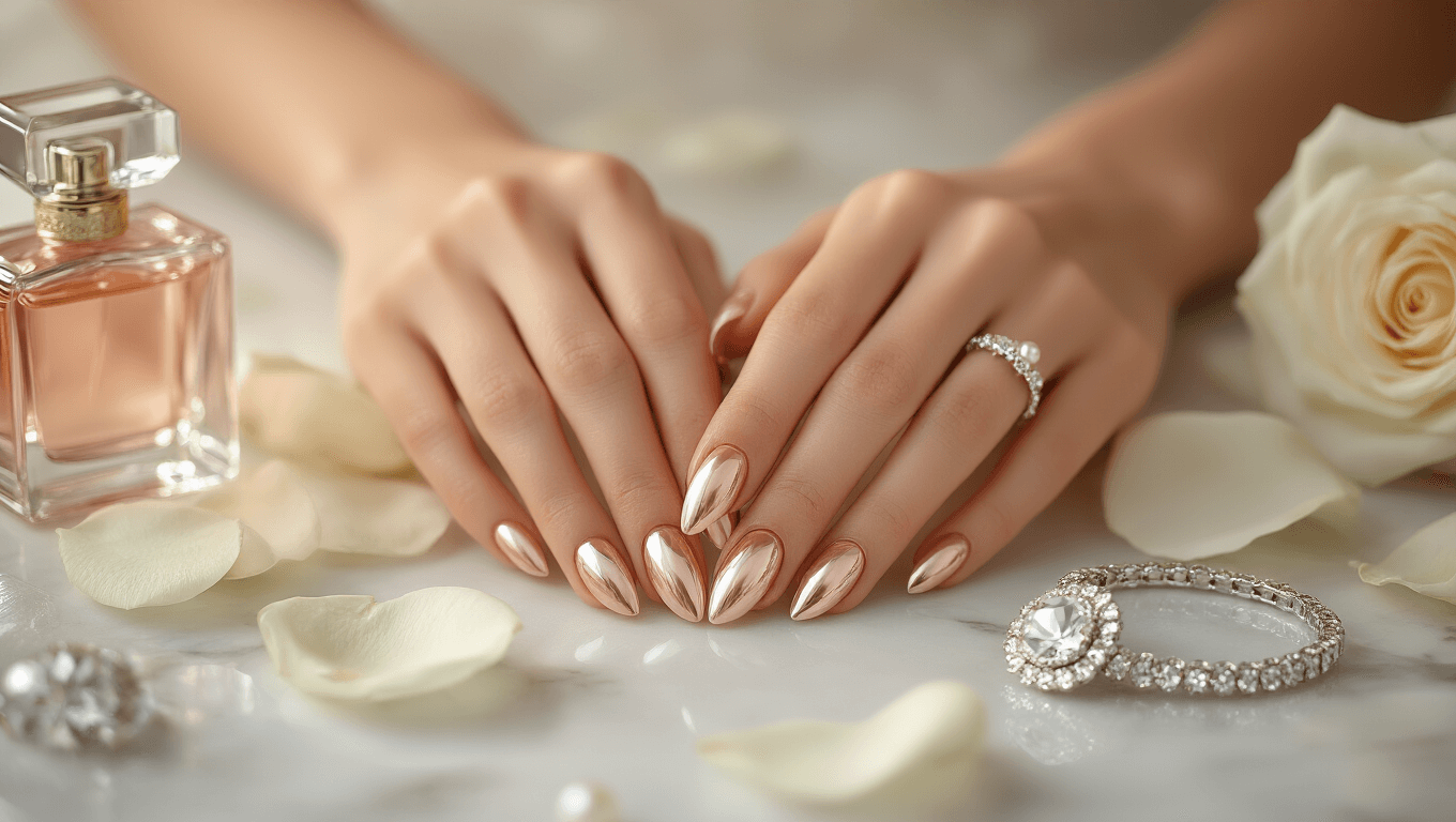 Elegant bridal manicure featuring soft blush pink chrome nails adorned with delicate pearl embellishments, surrounded by white rose petals and luxurious diamond jewelry on a clean marble surface, illuminated by warm golden lighting.