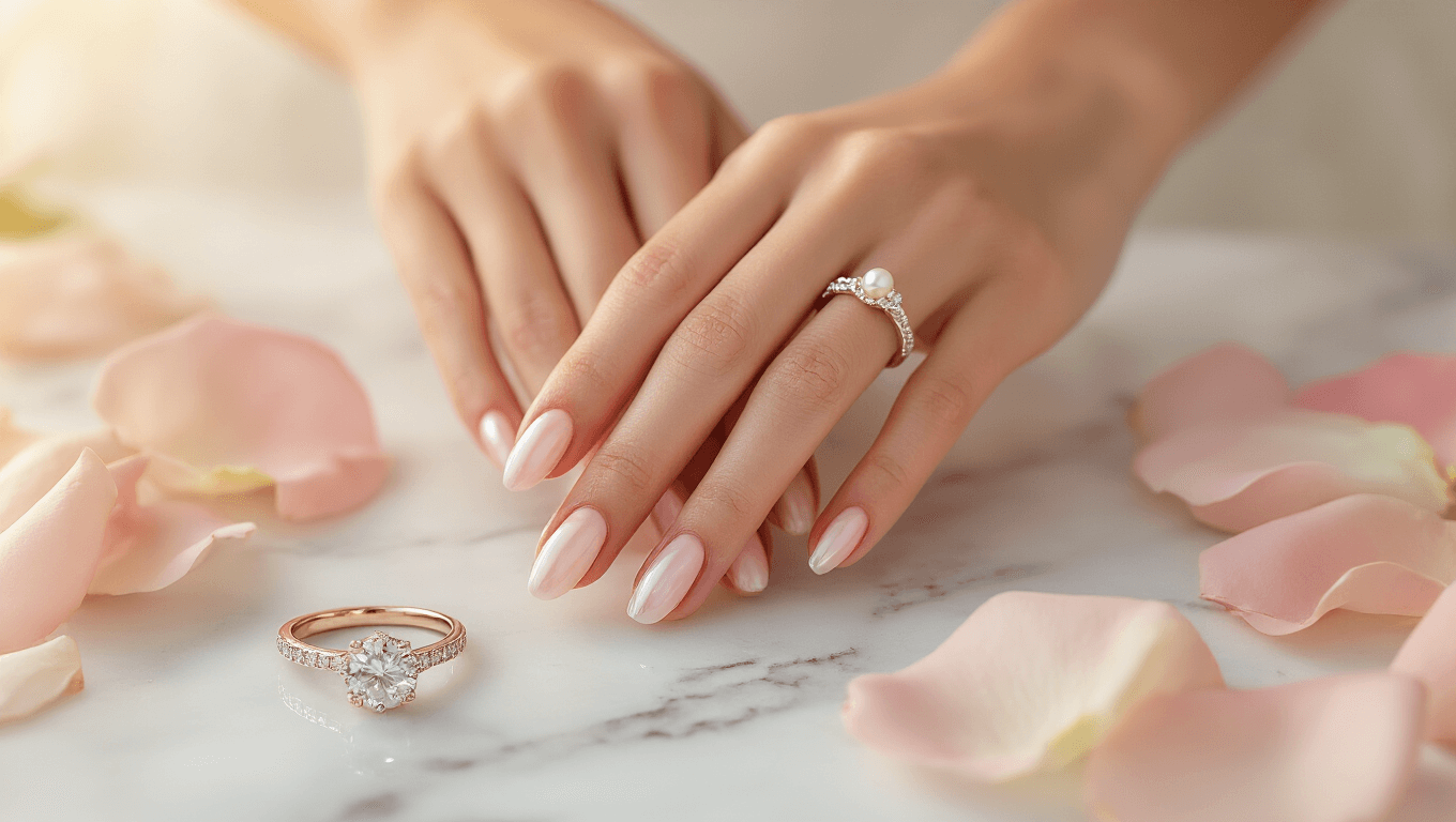 Elegant bride's hands with blush pink nails and pearl shimmer, displaying a sparkling engagement ring among rose petals on a white marble surface, bathed in warm golden hour lighting.